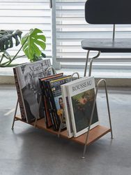 Nordic Solid Wood Bookshelf, Wrought Iron Bookshelf, Floor-Standing Desktop Small Storage Rack, Simple Magazine Rack, Newspaper Rack