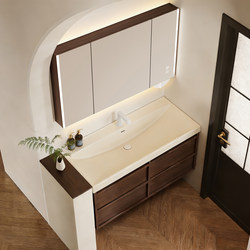 Bathroom Cabinet Set with Walnut Wood and Gold-Plated Stone Integrated Ocean Basin, Vintage-Style Bathroom Washstand, Face Wash Basin