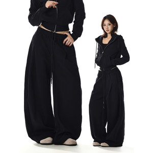 
American retro deconstructed pleated design three-dimensional cut scimitar sweatpants women's loose casual slimming straight sports pants