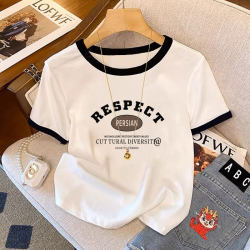 European Style Color-Blocked Pure Cotton Short-Sleeve T-Shirt for Women, 2025 New Design, Fashionable and Stylish White Top for Summer