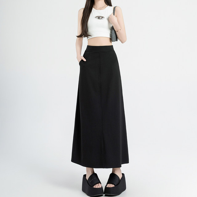 Black A-line skirt for women 2025 new temperament spring and summer hip cover suit high waist long skirt for meat pocket
