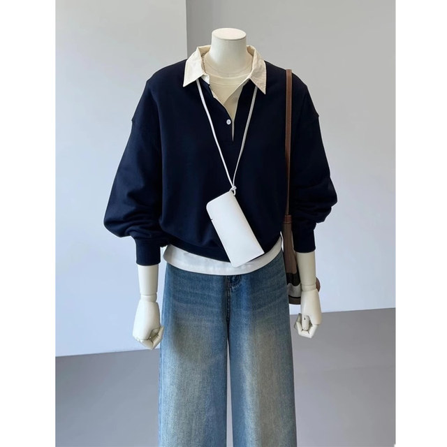 Extra large size 300 Jin [Jin equals 0.5 kg] Niche design polo neck fake two-piece contrasting spliced ​​sweatshirt for women autumn fat MM lapel top