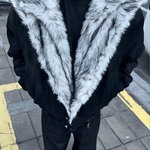 
Polar Wolf Throne Mountain Carving Fake Two-piece Cotton Jacket for Men and Women Winter Thickened Warm Cotton Clothes American Stand-Collar Jacket
