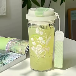 2026 New Model Lily of the Valley Water Cup for Girls, High Aesthetic Plastic Portable Niche Simple Straw Dual-Use On-The-Go Cup