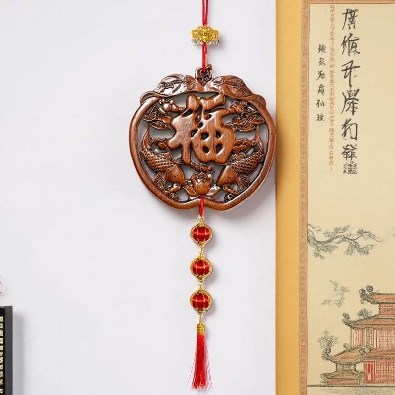 东阳木雕香樟木镂空雕刻木雕小挂件灯笼喜庆挂饰苹果福红色流苏