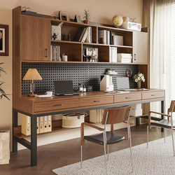 Practical Wooden Double Desk with Bookshelf for Home Use, Student Study Writing Desk, Modern Desktop Study Room Computer Office Desk