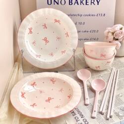 Bowknot Ceramic Plate Set for Home Use, Deep Plate Dessert Fruit Bowl Set, Single-Serving Breakfast Plate, Cute Design