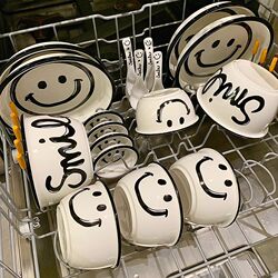 Smiley Face Bowl Household Couple's New Bowl, Plate, and Chopstick Set Ceramic Tableware for Personal Use for One or Two People