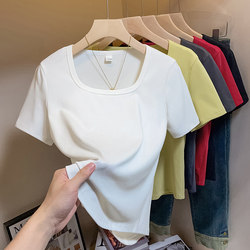 Plus-Size Women's Summer Short-Sleeve T-Shirt with a Square Neckline or U-Neck, French Style, Conceals Belly Fat and Makes You Look Slimmer, European Style, Suitable for Covering and Hiding Body Fat