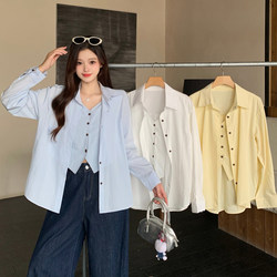 Light Blue Fake Two-Piece Long-Sleeved Shirt Plus Size Women's Summer 2026 New Fashion Stylish Loose Slimming Top