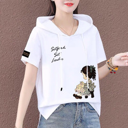White Pure Cotton Short-Sleeve Hooded T-Shirt for Women, 2026 Summer New Korean Style Loose Fit Round Neck Printed Top ins