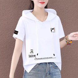 Pure Cotton Casual Short-Sleeved T-Shirt for Women, Large Size, New Korean Style Sports Hooded Letter Print Thin Sweatshirt for Women, Summer Wear