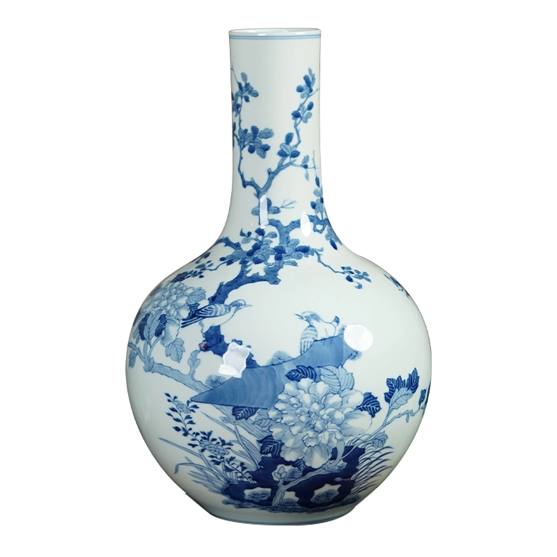 皇窑景德镇陶瓷花瓶手绘青花瓷鸳鸯纹玉壶春瓷瓶客厅家居装饰摆件
