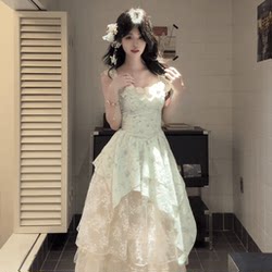 French-Style Resort-Style Green Dress for Women 2025 Summer New Style Asymmetrical Splicing Design Long Skirt