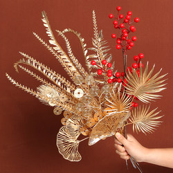 Short Golden Eucalyptus Leaf Ginkgo Fan, Artificial Fortune Fruit with Red Berries, Home Living Room New Year Decoration, New Year's Eve Flower
