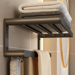 No-Drill Towel Rack Bathroom Storage Rack Wall-Mounted Black Space Aluminum Light Luxury Style Restroom Toilet