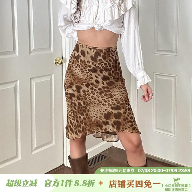 IAEY American hot girl brown leopard print printing net gauze thin half -bodies skirt early autumn versatile slim hip mid skirt
