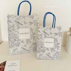 Retro Blue Flower and Bird Collection Kraft Paper Bag Gift Bag ins High-End Milk Tea Dessert Packaging Bag Shopping Bag