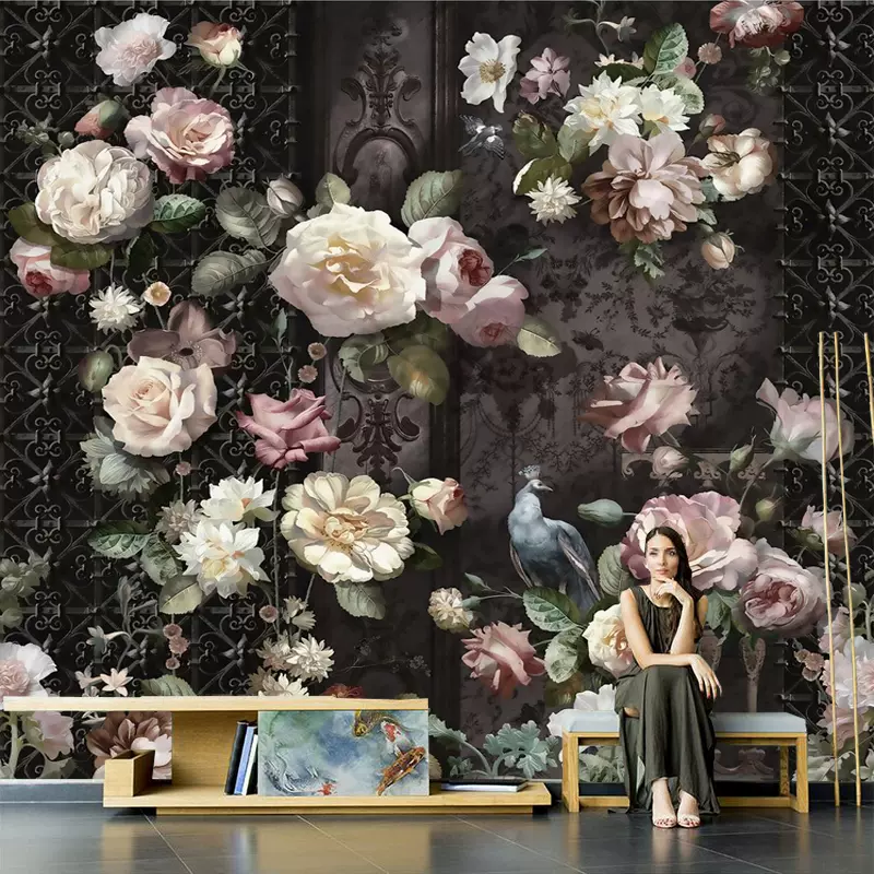 歐式復古手繪玫瑰花壁紙孔雀花卉壁畫客廳電視背景牆紙不織布牆布