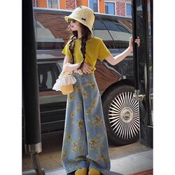 Girls' Summer Outfit Set 2025 New Stylish Children's Short-Sleeve T-Shirt and Denim Wide-Leg Pants Two-Piece Set for Girls in Summer