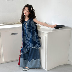 Girls' Dress 2025 New Style Children's Trendy National Style Fashionable Summer Dress for Girls Big Kids Denim Outfit