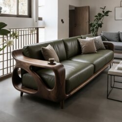 New Chinese-Style High-End Villa with a Mid-Century Style Living Room, Three-Seater Sofa Set with Mortise and Tenon Structure, Black Walnut Wood Sofa