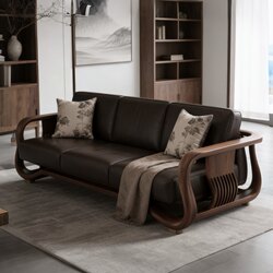 New Chinese-Style Solid Wood Sofa for Living Room, Simple Straight-Row Three-Seater, High-End Black Walnut Wood, 2026 New Model, Genuine Leather Sofa