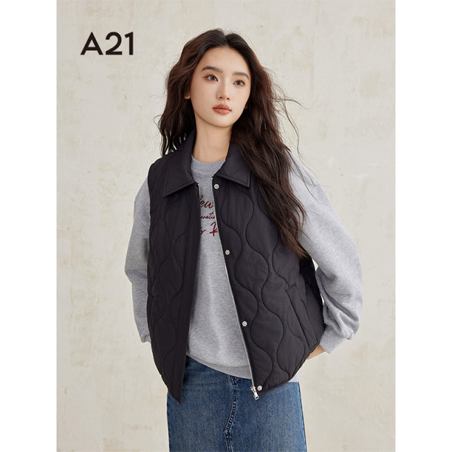 A21 women's black sleeveless cotton jacket 2024 Winter new simple vest dark buckle down cotton polo collar cotton clothes