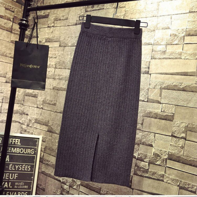 
Knitted skirt for women in autumn and winter long skirt for hip-covering skirt one-step skirt mid-length slit wool skirt versatile