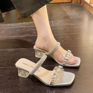 
Large size sandals for women 2027 summer new high-heeled sandals Korean version one-line slippers rhinestone slippers fashion coarse gift