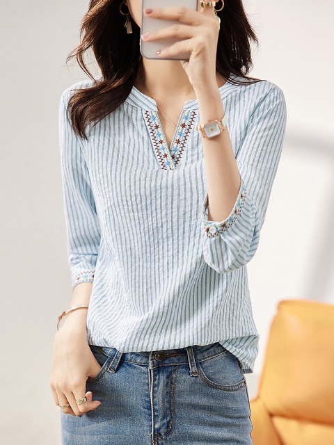 100% pure cotton high-end seven-quarter sleeve striped shirt for women in spring and autumn new versatile ethnic style age-reducing design V-neck