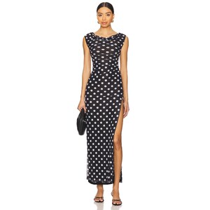 
[Store Featured] MORE TO COME Black Polka Dot Mesh Dress Round Neck Slit Long Skirt REVOLVE