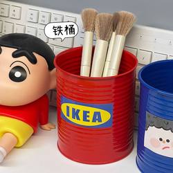 Dopamine Iron Bucket Pen Holder Cute Desktop Ornament High-Value Simple Retro Office Stationery Makeup Brush Storage