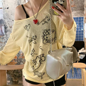 
Cartoon printed thin T-shirt off-shoulder long-sleeved sunscreen summer blouse lazy loose 300*0.5kg fat mm large-size top