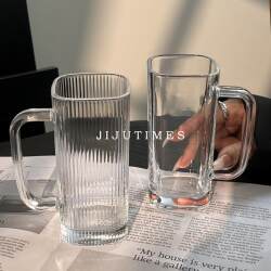 ins High-Value Vertical Striped Square Glass Cup with Handle, Household Water Cup, Milk Cup, Coffee Cup, Transparent Cup