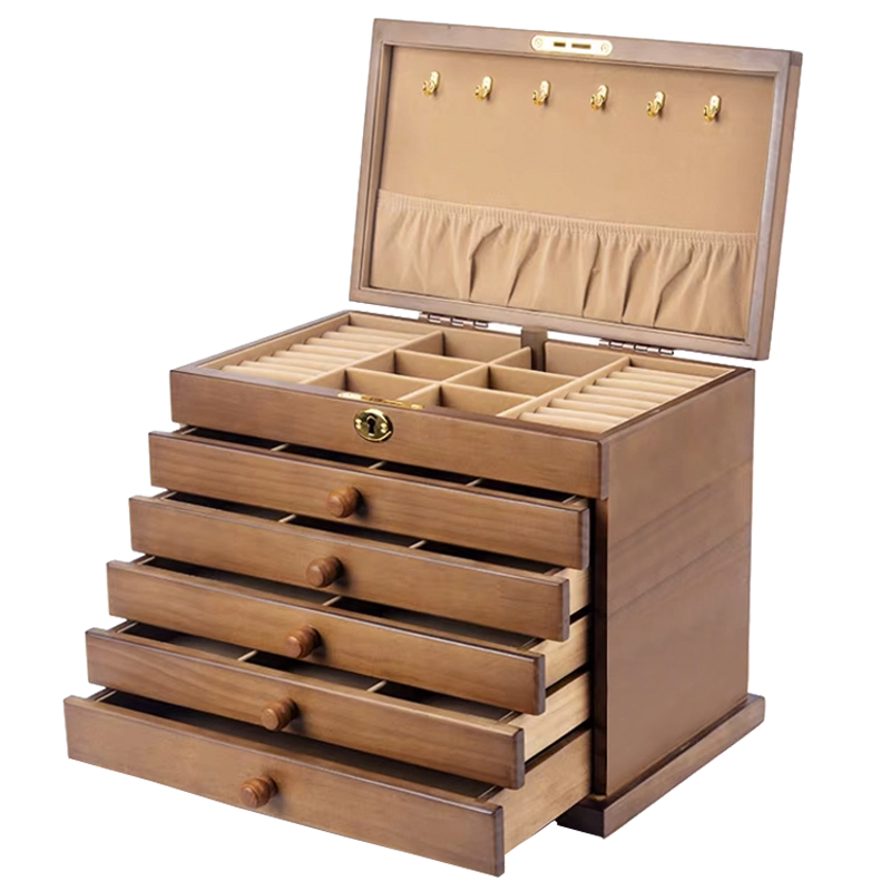 木箱 唐木 首飾盒 胡桃木色實木首飾盒六層帶鎖大容量收納經典復古風格設計