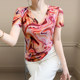 
European high-end tie-dye mesh short-sleeved T-shirt for women in summer fashion age-reducing printed V-neck top slim shirt