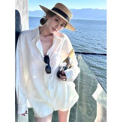 Old Money Style White Sun Protection Shirt for Women 2026 Summer New Lazy Style Mid-Length Sleeve Tencel Linen Shirt Top