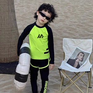 
Men's big children's split swimsuit trousers long-sleeved sun protection quick-drying beach play swimsuit suit set 8-12 years old big children's swimsuit