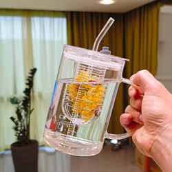 Large-Capacity High Borosilicate Glass Cup with Scale, Summer Flower Tea Cup with Straw, High-Looking Office Coffee Cup