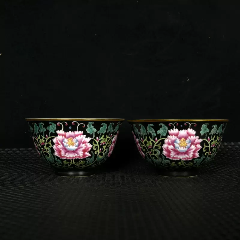 清雍正乌金釉珐琅彩描金缠枝牡丹花纹杯子古董古玩古瓷器-Taobao