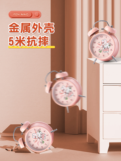 子供向けのかわいいウサギの目覚まし時計 - ピンクの猫の漫画時計