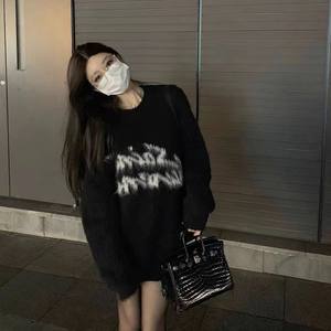 2025 winter star same style letters loose soft glutinous mohair black sweater lazy style sweater top for men and women