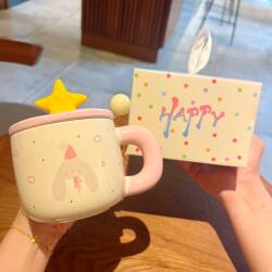 Cute Milk Cup Mug with Lid for Dormitory Use, Ceramic Drinking Cup for Home, High Aesthetic Coffee Cup for Girls