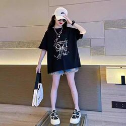 Girls' Short-Sleeved T-Shirt, Pure Cotton, Summer, Black Top for Older Girls, Junior High School Girls' Summer Wear, ins Half-Sleeve Trendy Clothes