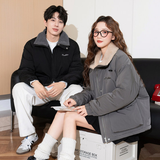 
Tangshi new winter couple's cotton-padded coat, women's lamb fur collar short jacket, versatile warm men's cotton-padded top TD