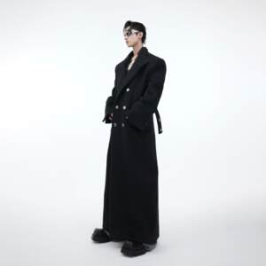 CultureurE Niche Metal Aircraft Stand-up Collar Silhouette Woolen Coat Heavy Long Over-Knee Tweed Coat Men's