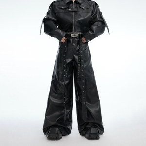 
ArguE CultureE Cutout Niche Deconstruction and Spliced Willow Nail Spliced Silhouette Leather Pants Men's Straight Wide Legs