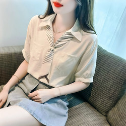 Polo Collar Age-Reducing Short-Sleeved Shirt for Women, Summer High-End Chiffon Blouse, High-End, Stylish, Beautiful and Unique Top