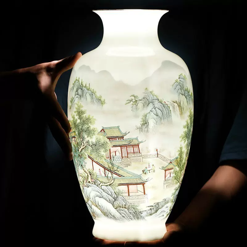 景德镇影青釉雕刻花瓶中式瓷瓶大号插花落地陶瓷装饰品电视柜客厅